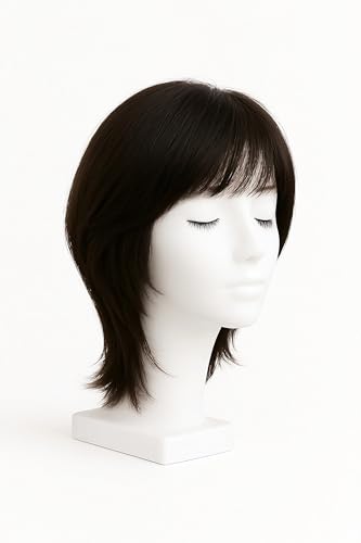 フルウィッグ レディース ウルフレイヤー セミロング 自然 黒 耐熱 医療用 かつら ミディアム ヘアネット付き 軽量 ウィッグ 女性用 前髪あり