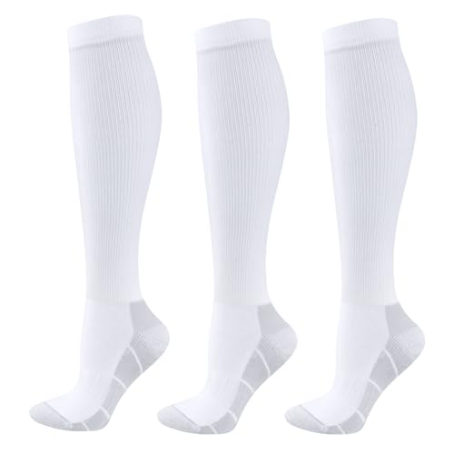 OUYJIA Compression Knee High Socks for Women White Flight Socks Long Cycling Running Baseball Athletic Socks for Ladies Size 4-7, 3 Pairs