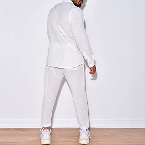 Mens Linen Drawstring Casual Suit Spring Autumnlong Sleeve Shirts and Trousers Two Piece Sets4