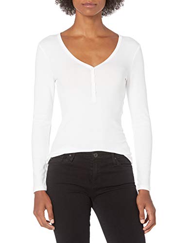 Amazon Essentials Women's Ribbed Knit Long Sleeve Henley Slim Fit T-Shirt, White, Medium
