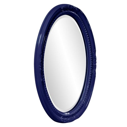 Image of Howard Elliott Collection Queen Ann Oval Glossy Navy Wall Mirror, Oval Bevelled Hanging Wood Framed Vanity Mirrors for Home Decor, Living Room, Bathroom, Bedroom, or Hallway, 25 x 33 Inch