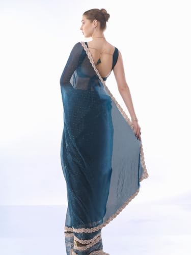 Image of ORHANS Women's Chiffon Saree with Unstitched Blouse Piece Solid Pattern and Laced Border | Lightweight Sarees for Woman | Plain Saris Daily Use | Womens Saree Modern Pattern| Stylish Saree