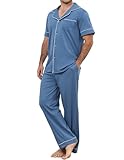 TeJoyce Pijama Hombre Largo Algodon, Ropa de Dormir Dos Piezas, Conjunto Manga Corta Camiseta Abierto Delante con Botones y Pantalones con Bolsillos, Suave y Cómodo Pijamas (Azul, M)