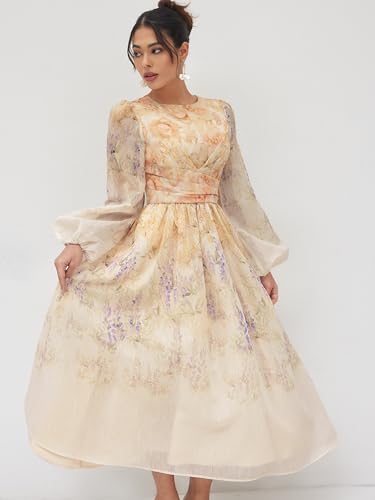 CIDER Floral Dress Long Sleeve Maxi Dress Women Crew Neck Mid Waist Pleated Elegant Party Vacation Dresses3