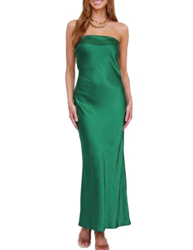 Image of Realtix Summer Satin Strapless Backless Maxi Dress for Women Wedding Guest