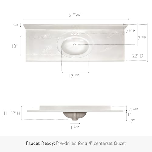 Image of Design House Cultured Marble Vanity Top, 61 in W x 22 in D, Integrated 4 in Centerset Oval Sink & Backsplash, Ivory Swirl, 597419