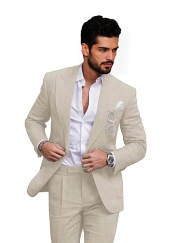 Linen Suits for Men Slim Fit Retro Casual Mens Suit Set for Wedding Groomsmen Summer Prom Suits 2 Piece Seersucker Suit Men Beige XXS
