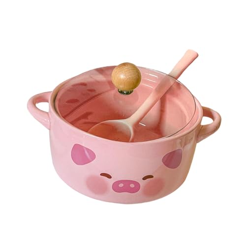 Milageto Bol à Ramen avec poignée et Couvercle, cuiseur à Ramen, idéal pour Les dortoirs, Multifonctionnel, créatif et Mignon, en céramique, pour salades, Rose