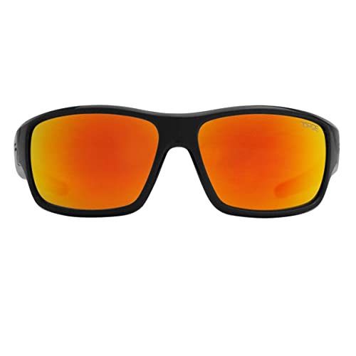 Image of TOROE Eyewear FIELD Wrap Around Sport Sunglasses With Polycarbonate Polarized Lenses, Lightweight TR90 Frame (Gloss Black | Black Emblem, Fire Red (C3))