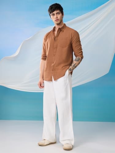 Image of The Souled Store Bold Black Men and Boys Long Sleeve Collared Neck Buttoned Front Regular Fit Cotton Linen Shirts