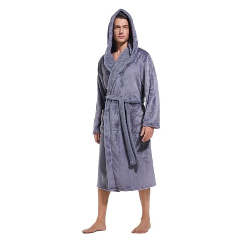 Mens Hooded Robe,Plush Robes for Men,Soft Warm Fleece Bathrobe Shower Spa Long Robe With Pockets2