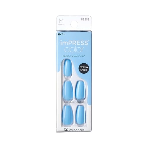 KISS imPRESS Color Press-On Manicure Fake Nails, Serene Blue- Short & Square, Solid Blue, Ready To Wear, Chip Proof, Smudge Proof, No Dry Time, Mini File & More | 30 Count