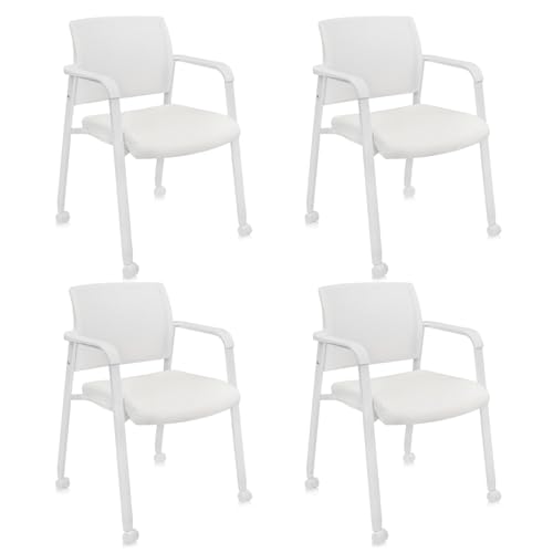 Image of CLATINA Mesh Back Guest Reception Stacking Chair with Wheels, Waiting Room Stackable Chairs with Upholstered Leather Seat & Ergonomic Lumbar Support for Office Conference School Lobby, White, 4 Pack
