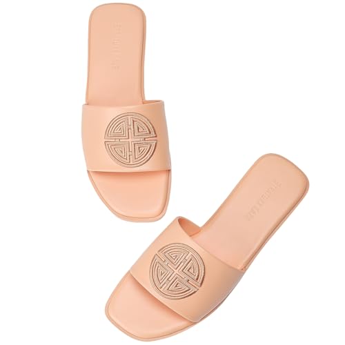 Stratuxx Kaze Womens Flat Sandals Dressy Summer Slide with Memory Foam Comfortable Cute Leather Black Sandals for Women