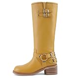 QIV Botas de motocicleta hasta la rodilla para mujer – Botas de motociclista clásicas con anillo de arnés a media pantorrilla con correas de hebilla y tacón bajo de bloque, Amarillo guijarro, 40 EU
