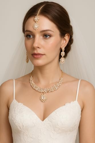 Touchstone Indian jewelry sets for women bollywood wedding kundan necklaces and punjabi look designer party jewellery set light bridal tikka simple design in gold or silver or white tone for women.2