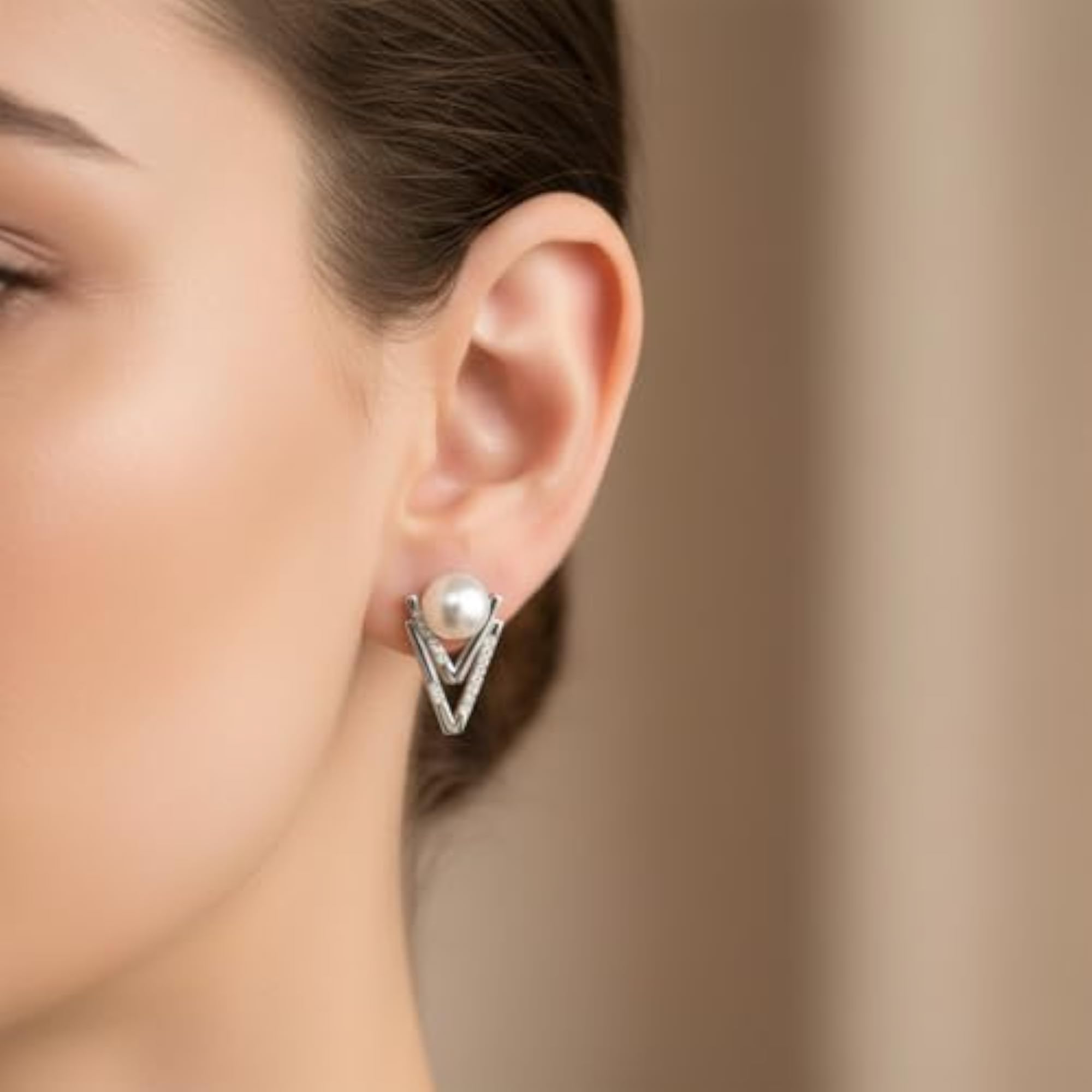 Women's Modern V-Shape Pearl Studs, 925 Silver