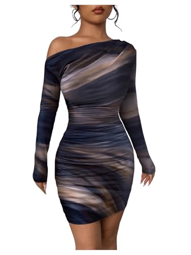 Women's Off Shoulder Ombre Tie Dye Bodycon Dress Long Sleeve Slim Fit Pencil Mini Dresses