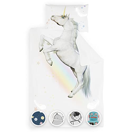 sleepwise Kinderbettwäsche 135x200 | ÖKO-Tex Zertifiziert 2tlg. Bettwäsche Kinder mit Kissenbezug 80x80 cm | Extraweiche Mikrofaser Kinder Bettwäsche Set mit Reißverschluss | Unicorn