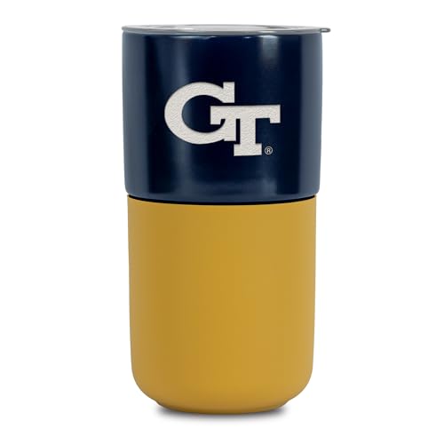 Rico Industries NCAA Georgia Tech Yellow Jackets 16 oz Ceramic Tumbler with Silicone Grip, Deep Laser Engraved, Navy and Gold Colored Design with Slide Lid, Travel Coffee Mug, Matte Glaze