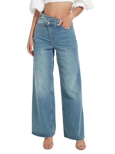 Women's Asymmetric High Waisted Wide Leg Jeans, Zipper-Button Closure Denim Pants2