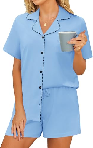 Ekouaer Womens Pajamas Set Button Down Pjs Lounge Sets Short Sleeve Sleepwear Soft Loungewear Nigthwear,Small,Baby Blue