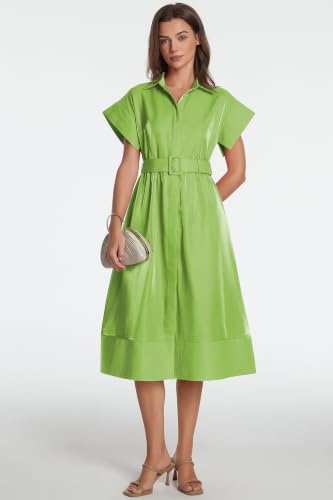 Image of Ladyful Women Casual Button Down Shirt Dress Short Wing Sleeve Buiness Midi Shirt Dress with Belt Elegant Dress