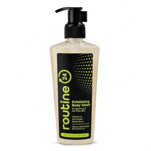 Image of Routine 24 Exfoliating Body Wash for Glowing & Tan-Free Skin 250ml | Vitamin E & Iris Extract, Blackberry Infused, All Skin Types, Daily Cleanser, Pump Dispenser