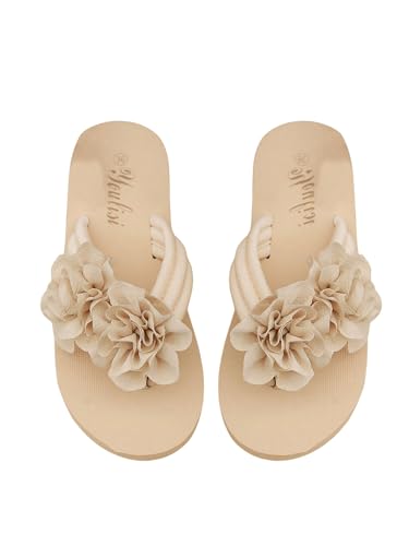 RoseSeek Womens 3D Floral Flip Flops Open Toe Dressy Beach Thong Sandals Comfy Summer Flats Beige 8