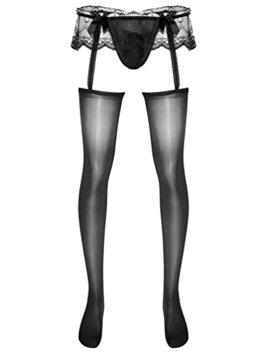 YiZYiF Hombres Pantimedias con Falda de Encaje Transparente Sexy Sissy Lencería de Medias Mallas de Tanga con Bolsa Abultada Ropa de Dormir Negro Talla Única