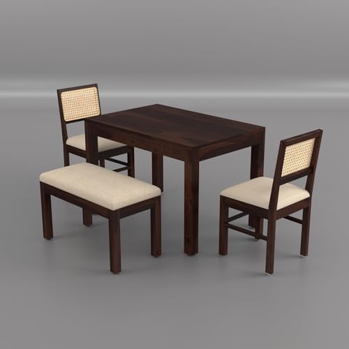Image of Solid Wood Cane 4 Seater Dining Table Set | Four Seater Dining Table with 2 Cushions Chairs & 1 Bench for Dining Room | 4 Seater Dining Set for Hotel Restaurant | Sheesham, B-Walnut