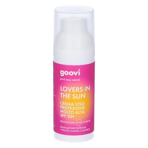 Goovi, Lovers in The Sun, Crema Viso SPF 50+ con Acido Ialuronico e Niacinamide, Protegge Viso e Collo dai Raggi UVA, UVB, IR, Formato da Viaggio da 50 ml