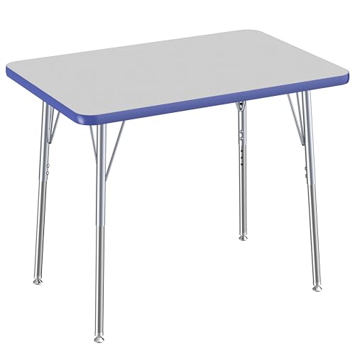 Factory Direct Partners FDP Rectangle Activity School and Office Table (24 x 36 inch), Standard Legs with Swivel Glides, Adjustable Height 19-30 inches - Gray Top, Blue Edge, Silver Legs, 10003-148