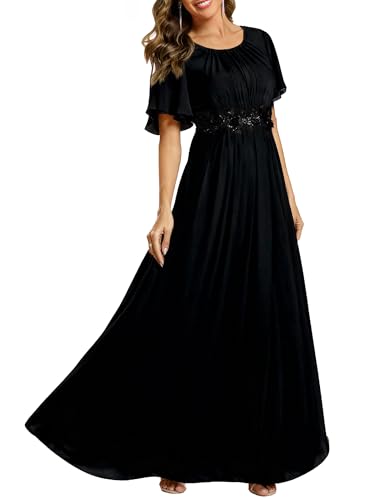 Image of Ever-Pretty Women's Classic Round Neck Pleated Short Sleeves Chiffon Appliques Floor Length A Line Formal Evening Dresses