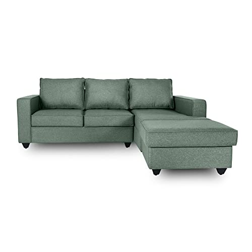 Image of Wakefit Sofa Set for Living Room | 3 Year Warranty | L Shape Sofa, Sofa Set, Wooden Sofa Set for Living Room, 2 Seater Sofa + Right Aligned Chaise + Ottoman - Napper (Fabric, Omega Green)