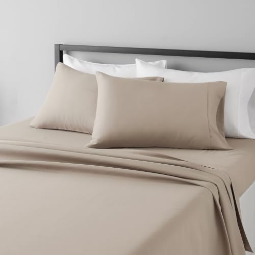 Amazon Basics Lightweight Super Soft Easy Care Wrinkle Free Breathable Microfiber 4 Piece Bed Sheet Set with 14-Inch Deep Pockets, Machine Washable, Brushed, King, Taupe, Solid