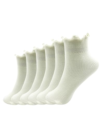 Image of Women Ruffle Ankle Socks Cute Frilly Socks Solid Color Casual Soft Cotton Knit Sock Lettuce Frilly Crew Socks 6 Pair