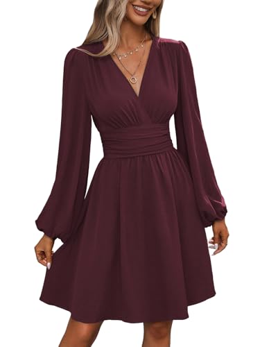 Kleid Damen Langarm Winterkleid V-Ausschnitt Casual A-Linie Kleider Strand Mini Freizeitkleid Violett Rot M