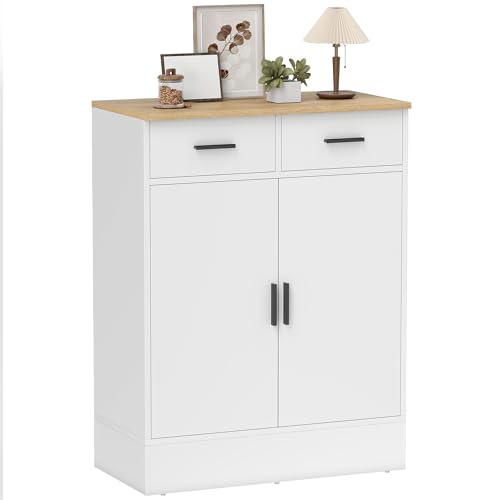 HOMCOM Aparador de 2 Puertas, Aparador de Salón con 2 Cajones y Estantes Ajustables, para Cocina, Entrada, Dormitorio, Blanco y Natural, 68,6x35x90,3 cm