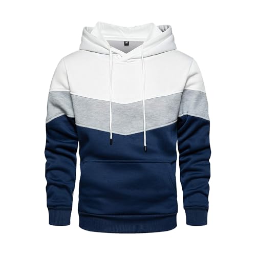 TOLOER Mens Hoodies Pullover Color Block Long Sleeve Lightweight Fleece Sweatshirt White Medium