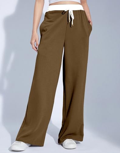 Image of Mehrang Wide Leg Drawstring Pants, with Contrast Waist Band || Casual Lounge Wear Side with Pockets, High Waisted, Relaxed Fit Trouser for Women