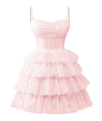 Spaghetti Straps Homecoming Dresses for Teens Sparkly Short Cocktail Dress Tulle Tiered Prom Ball Gown4