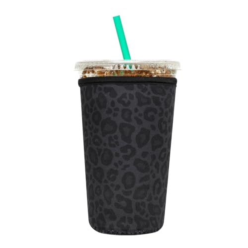 Image of Insulated Neoprene Cup Sleeve for Iced Coffee & Cold Soda - Reusable & Sweatproof, Keeps Drinks Cold Longer, Coffee Coolie for Hot & Iced Drinks (Black Leopard Print, Medium: 22-24oz)