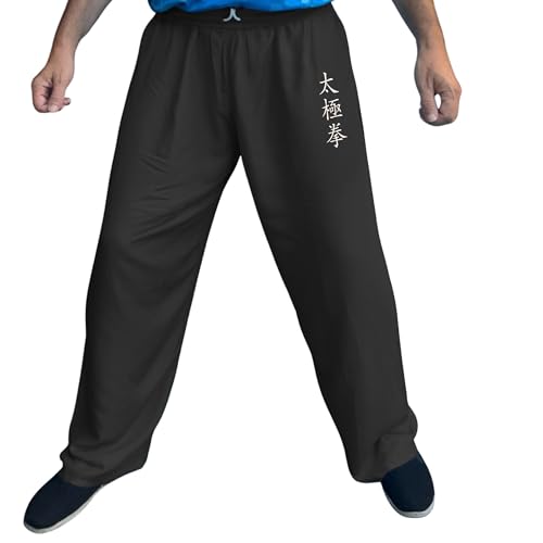 TAO MARTIAL Pantalón Tai Chi Ancho de Viscosa – Hombre y Mujer – Qi Gong Kung Fu Yoga – Ligero con Cintura Elástica y Cordón – Bordado Tai Ji u Om (Color Negro, Talla XS)