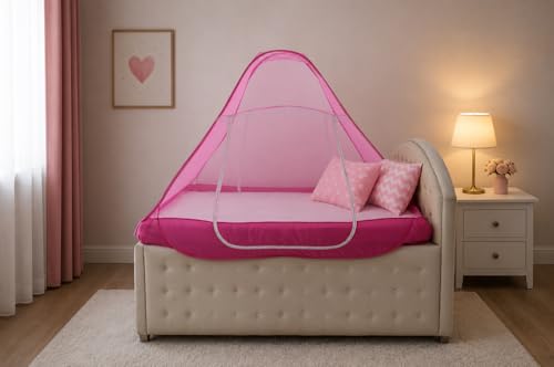 Image of Healthy Sleeping Mosquito Net | Double Bed | Supreme King Size Bed | Foldable Machardani with 2 Side Zipper Opening | Strong 30GSM Polyester Net | PVC Coated Steel Wire (Pink)