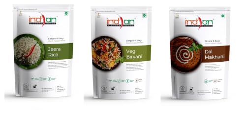 Image of Indian Kitchen Foods Freeze Dried Gluten-Free Ready to Eat Food | Instant Vegetarian Meal - Dal Rice Combo (Jeera Rice, Veg. Biryani, Dal Fry, Dal Makhani), Pack of 4