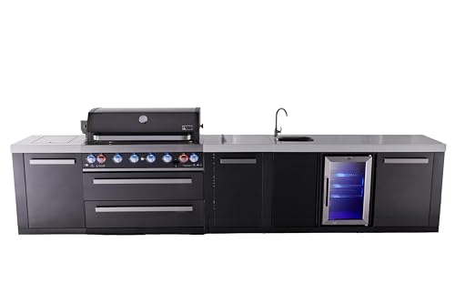 Mont Alpi Premium 157" Black Stainless Steel Outdoor Kitchen Island with Refrigerator + Beverage Center Faucet & Sink + 44"W 6-Burner BBQ Gas Grill + Granite Countertops + Storage Cabinets & Drawers
