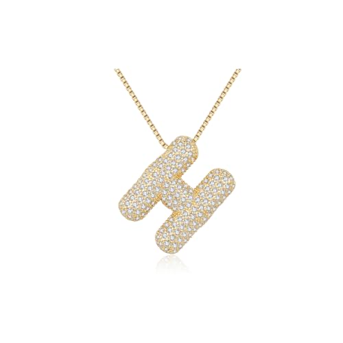 DIOWUS Bubble Letter Necklace Gold for Women，Charm Balloon Initial Letter Pendant Zirconia Inlaid Necklaces Fashion Gifts Jewelry (bubble letter-H)