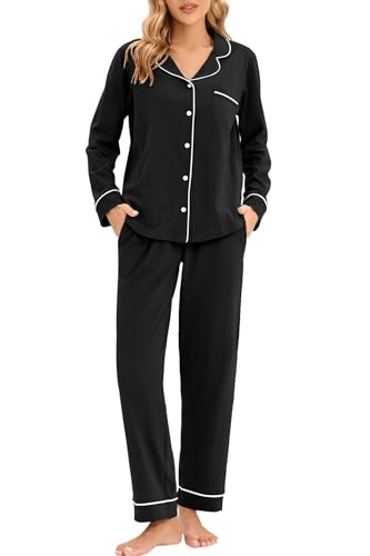 Image of LUBOT 100% Cotton Pajamas for Women Pajama Set Soft 2 Piece Sleepwear PJ Set Long Sleeve Knit Button Cozy Loungewear XS-XXL