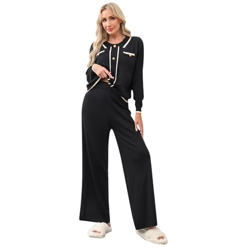 Ensemble femme chic et élégant en maille thermorégulatrice avec pantalon droit fluide palazzo